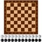 Checkers. Ancient Intellectual board game. Chess board. White and black chips. Isolated objects.