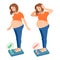 Checking weight pregnant woman. Happy and sad pregnant woman. Pregnant woman, weighed on the scales. Vector Illustration