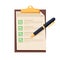 Checklist icon. Document with green ticks checkmarks. Checklist and pen. Application form, complete tasks