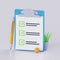 Checklist render 3d - paper clipboard, task board, check list illustration and office pencil. Survey business form