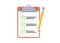 Checkmark 3d render icon - complete contract paper document with clipboard, success task. Yes goal sign with board