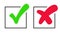 Checkmark Green Tick and red cross of approved and reject Circle symbols YES and NO button for vote, decision, web. Vector