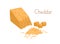 Cheddar pieces and grated hard cheese. Delicious gourmet yellow chees. Dairy product. Colored flat vector illustration