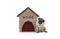 Cheeky pug puppy dog sitting down next to dog house with sign Home