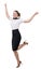 Cheerful adult businesswoman in skirt jumping.