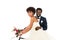 Cheerful african american bridegroom near attractive bride riding bicycle