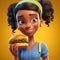 Cheerful african american girl with burger on yellow background