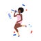 Cheerful African American Woman Character Blowing Whistle Jumping with Joy in Confetti Celebrating New Year Holiday