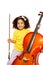 Cheerful African girl holds cello with fiddlestick
