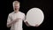 Cheerful Albino Guy Showing Blank Speech Bubble Over Black Background