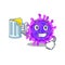Cheerful alpha coronavirus mascot design with a glass of beer