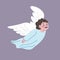 Cheerful angel boy or cherubic cupid flying in sky