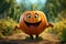 A cheerful, animated pumpkin walks through the garden with a smile on its face