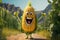 A cheerful, animated yellow ear of corn walks through the garden with a smile on his face