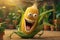 A cheerful, animated yellow ear of corn walks through the garden with a smile on his face