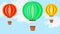 Cheerful animation of aviatic balloon, three balloons soaring on blue sky with white clouds