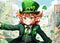 Cheerful Anime Leprechaun with Green Clover Top Hat Strolling Through the City on St. Patricks Day