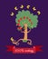 Cheerful apple - tree in form of a stylized mustachioed man, juggling fruit on dark lilac background.