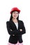 Cheerful asian businesswoman smiling and wearing red helmet. Iso