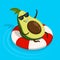 Cheerful avocado character in black glasses swims with life buoy and waves cheerfully, says hello from vacation at seaside resort