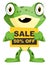 Cheerful baby frog holding a sign for sale, illustration, vector