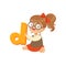 Cheerful baby girl character sitting on the floor with toy letter D for speech games. Cartoon kid character in flat