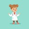 Cheerful baby girl in white medical coat and stethoscope around her neck playing doctor role, flat vector illustration