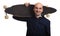 Cheerful bald man holding longboard isolated