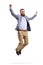 Cheerful bearded man jumping and gesturing with hands up