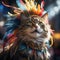 Cheerful, beautiful purebred cat in feather accessories attending traditional local carnival, festival. Blurred crowned