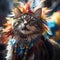 Cheerful, beautiful purebred cat in feather accessories attending traditional local carnival, festival. Blurred crowned