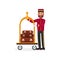 Cheerful bellboy and trolley with luggage. Young bearded guy in uniform. Colorful flat vector design
