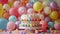 Cheerful Birthday Celebration: Vibrant Balloons, Cake with Candles, and Festive Background