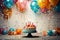Cheerful birthday setting with balloons, cake, candles, and birthday message