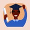 A cheerful black male graduate celebrates his graduation with a diploma and a graduate cap on his head.