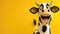 Cheerful black and white cow with a big smile on a yellow backdrop.