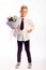 Cheerful blond fashionable boy gives bouquet on white studio background, delivery flowers, Spring Womens Day