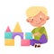 Cheerful Boy Building Castle with Tower from Blocks Vector Illustration
