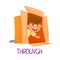 Cheerful Boy Creeping Through Carton Box as Preposition of Movement Vector Illustration