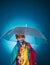 Cheerful boy in raincoat with colorful umbrella. Cute little child boy are getting ready for autumn. Kid in rain. Sale