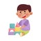 Cheerful Boy Sitting and Playing with Construction Toy Vector Illustration
