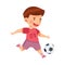 Cheerful Boy in Sports Shirt and Shorts Playing Football Passing Ball with His Foot Vector Illustration