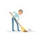 Cheerful boy sweeping trash using broom. Teenager wearing blue cap, jeans and shirt. Cartoon kid cleaning garbage