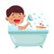 Cheerful Boy Taking a Bath Sitting in Bathtub Vector Illustration