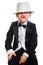 Cheerful boy in a tuxedo and hat.