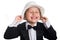 Cheerful boy in a tuxedo and hat.