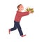 Cheerful Boy Volunteer Cleaning Carrying Pile of Foliage and Running Vector Illustration