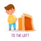 Cheerful Boy Walking to the Left of Carton Box as Preposition of Movement Vector Illustration