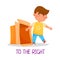 Cheerful Boy Walking to the Right of Carton Box as Preposition of Movement Vector Illustration