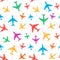 Cheerful bright colorful pattern of colored airplanes, random arrange. Ideal for packaging design, brochures, posters